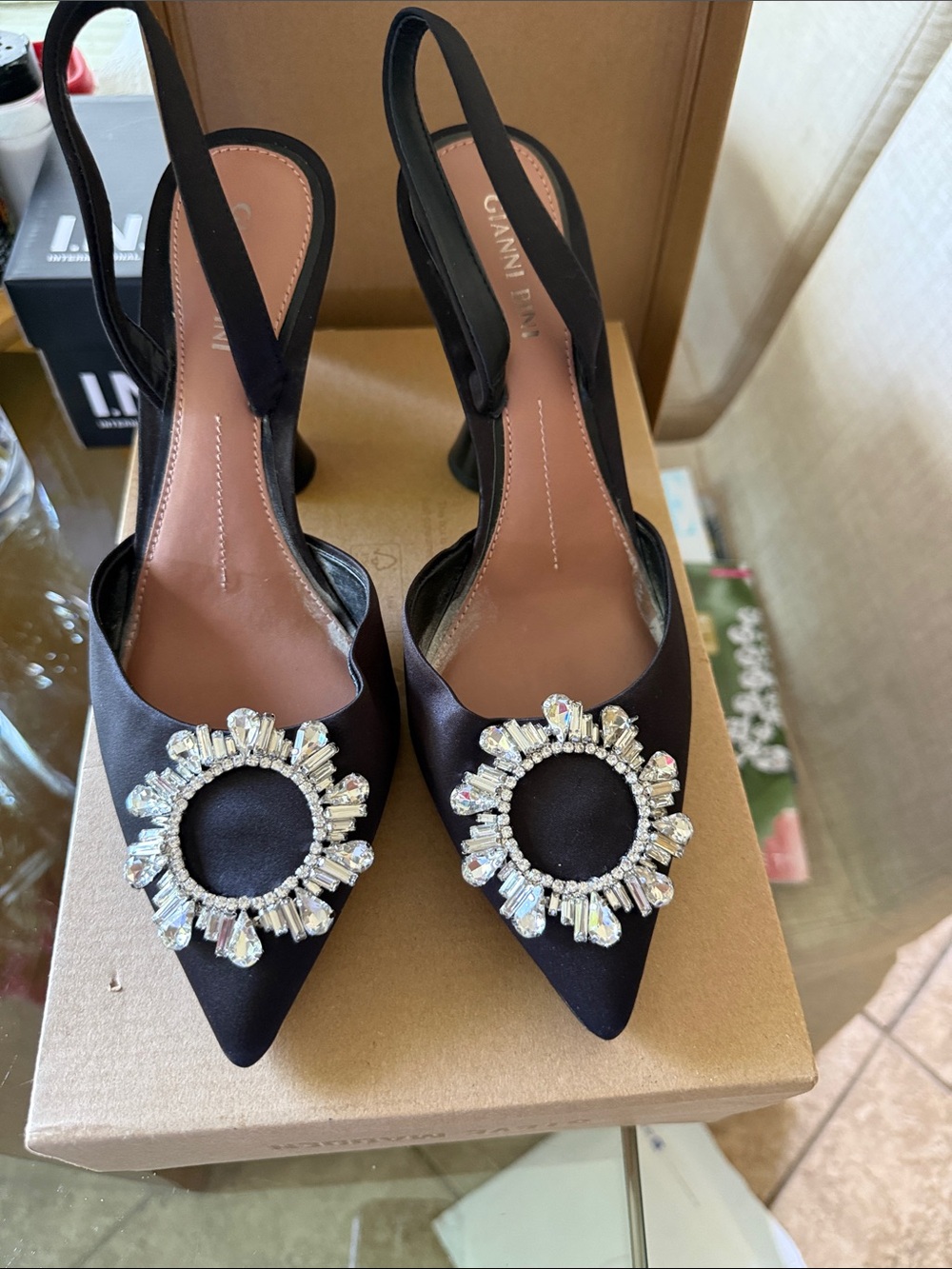 Black Satin Slingback heels.